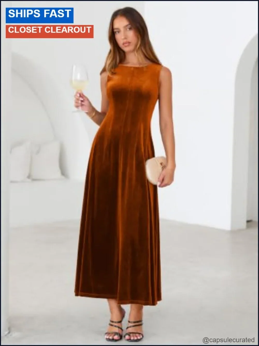 Women's Velvet Sleeveless Crewneck Maxi Wedding Guest Dress